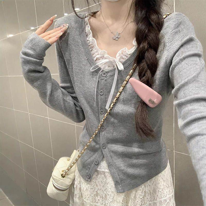 长袖针织假两件开衫灰色蕾丝纯欲风少女正肩上衣修身T恤春秋