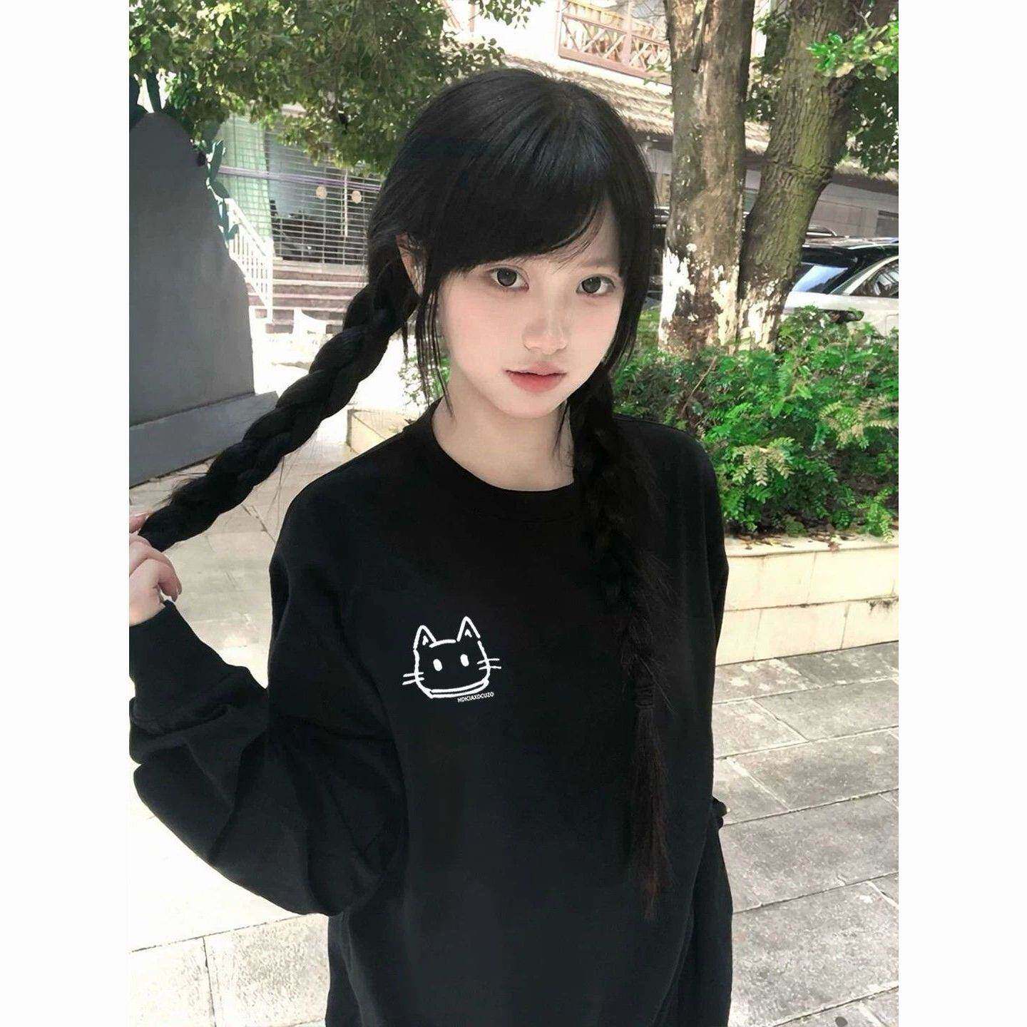 kitty猫印花纯棉长袖T恤女2026秋新款初中高中学生宽松打底衫上衣