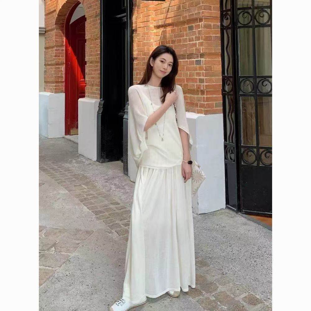 纯色亚麻蝙蝠袖薄款罩衫+亚麻双层半身裙2026夏季休闲套装女