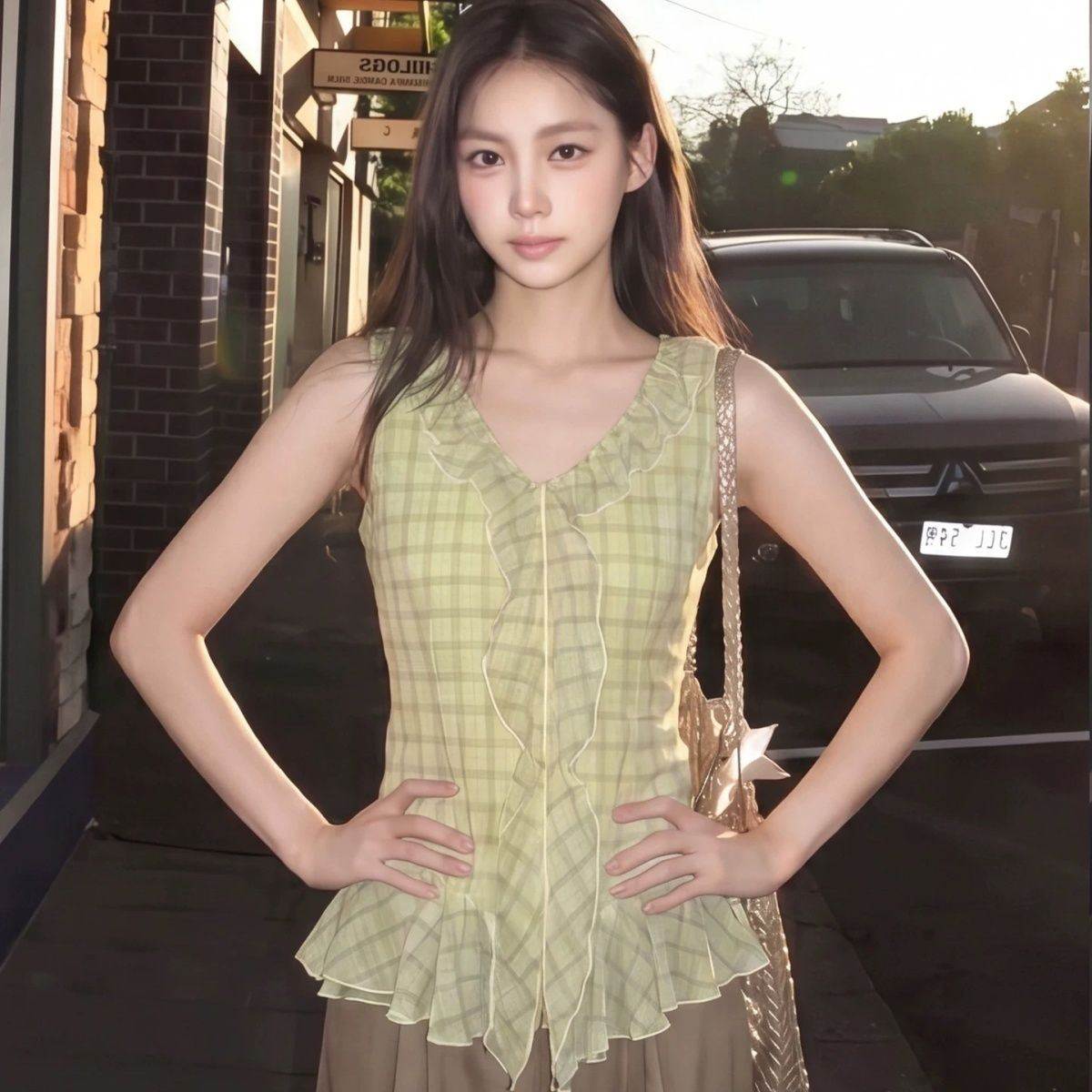 小清新格纹无袖雪纺衫女夏季荷叶边领收腰显瘦背心上衣