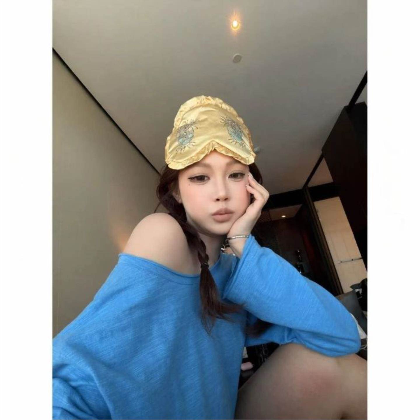 松弛感大圆领斜肩长袖T恤女夏薄款宽松休闲慵懒露肩防晒罩衫上衣