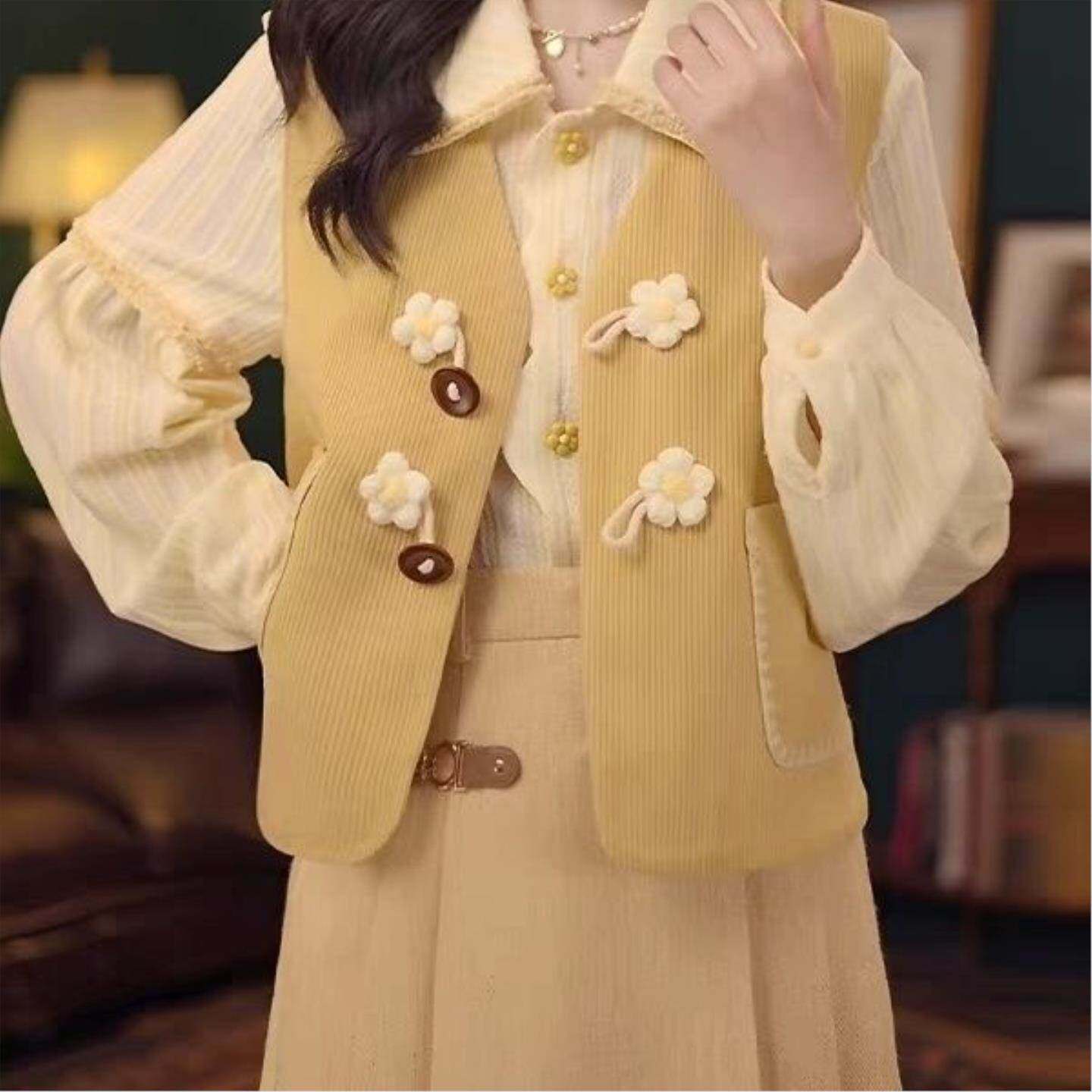 港风复古套装女2026春秋新款刺绣拼接长袖衬衫叠穿无袖马甲两件套
