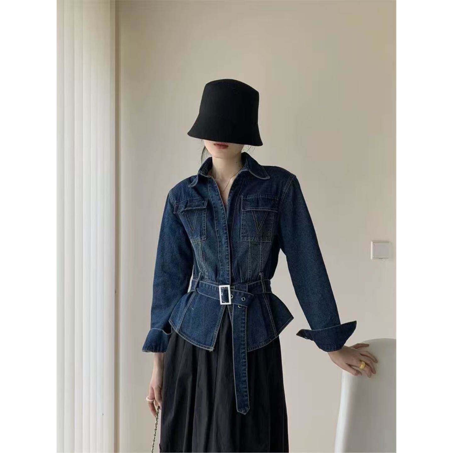 2026春秋韩系洋气复古短款收腰牛仔衬衫外套女配腰带百搭减龄上衣