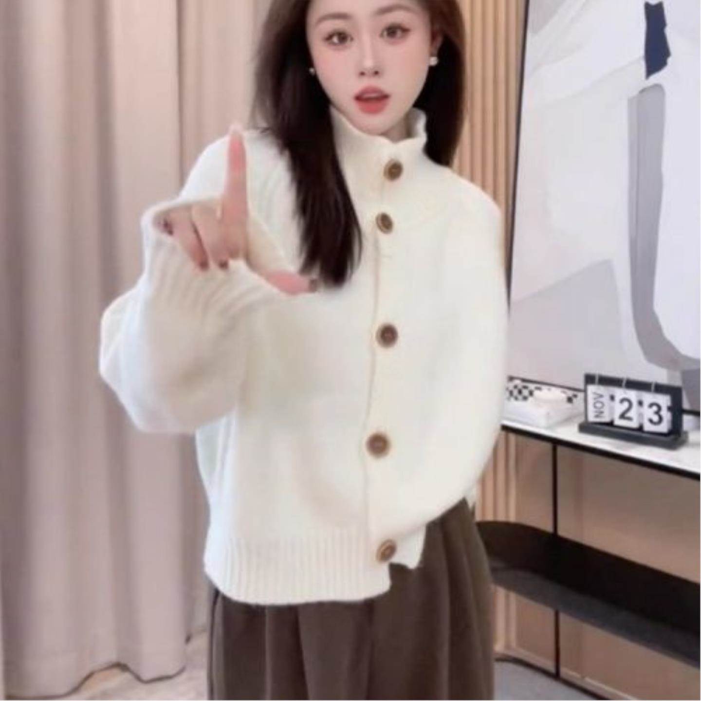嘉芙芮橘色高领毛衣外套女春夏新款韩系慵懒风针织开衫高级感春秋