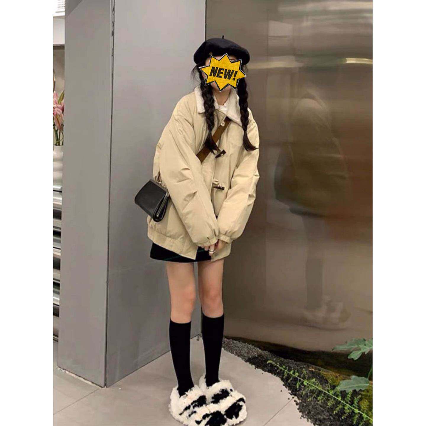 韩系潮流羊羔毛绒外套女秋冬季新款宽松翻领夹克加绒加厚棉衣棉服
