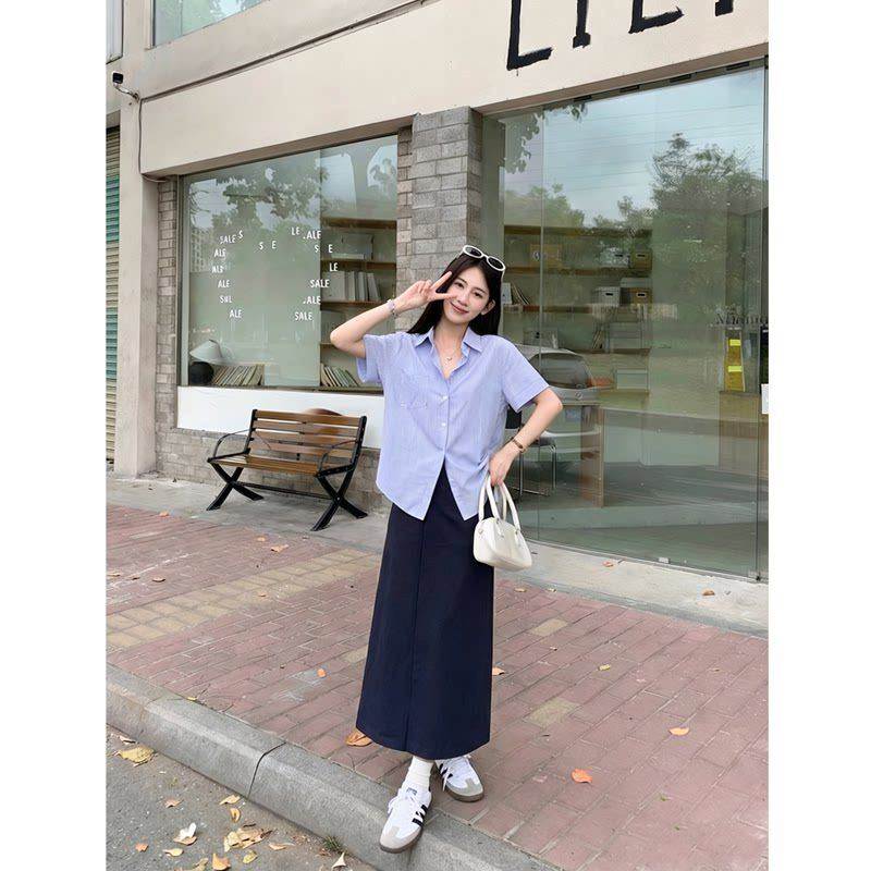 夏季款韩系学院风套装女时尚减龄条纹短袖衬衫半身裙子两件套复古