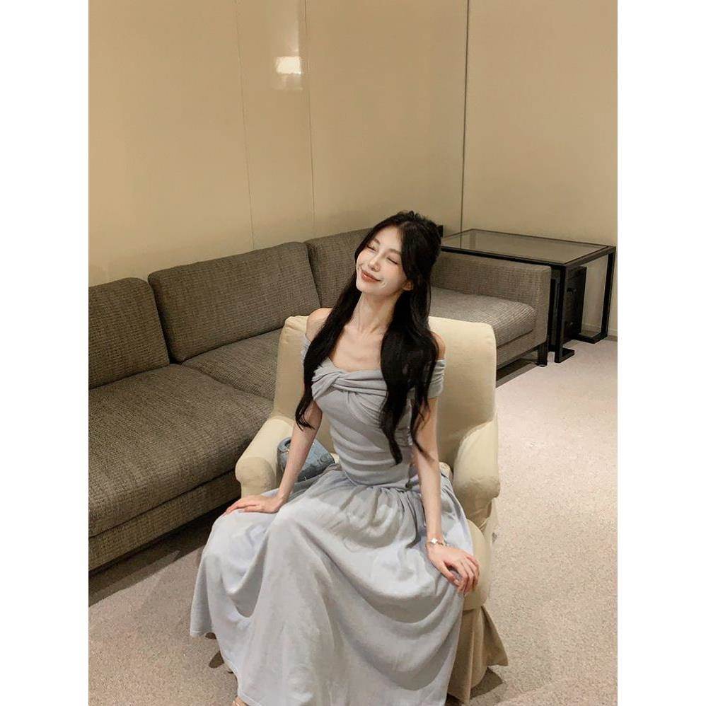 纯欲风甜美针织一字肩不规则上衣高腰线大摆裙半身裙两件套套装
