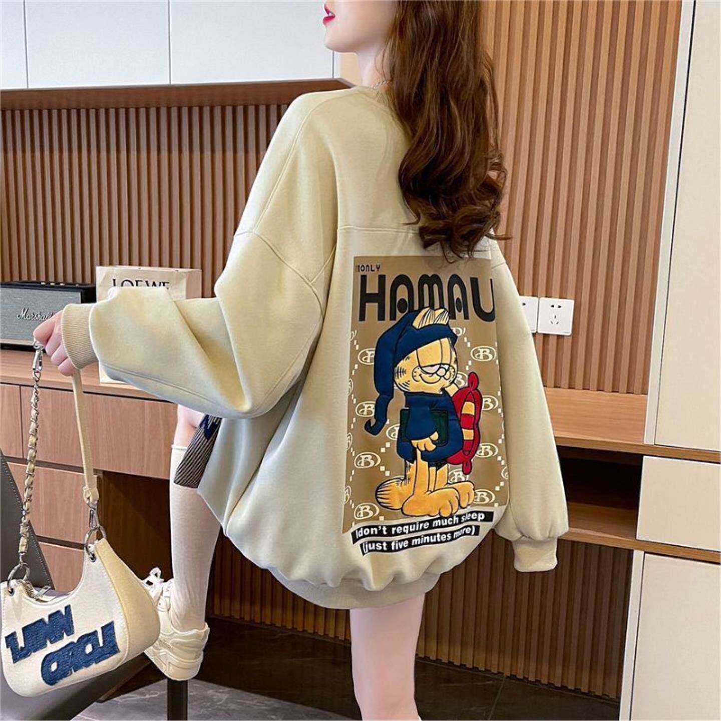 中长款卡通印花休闲卫衣女秋冬季加绒宽松大码韩版时尚口袋上衣女