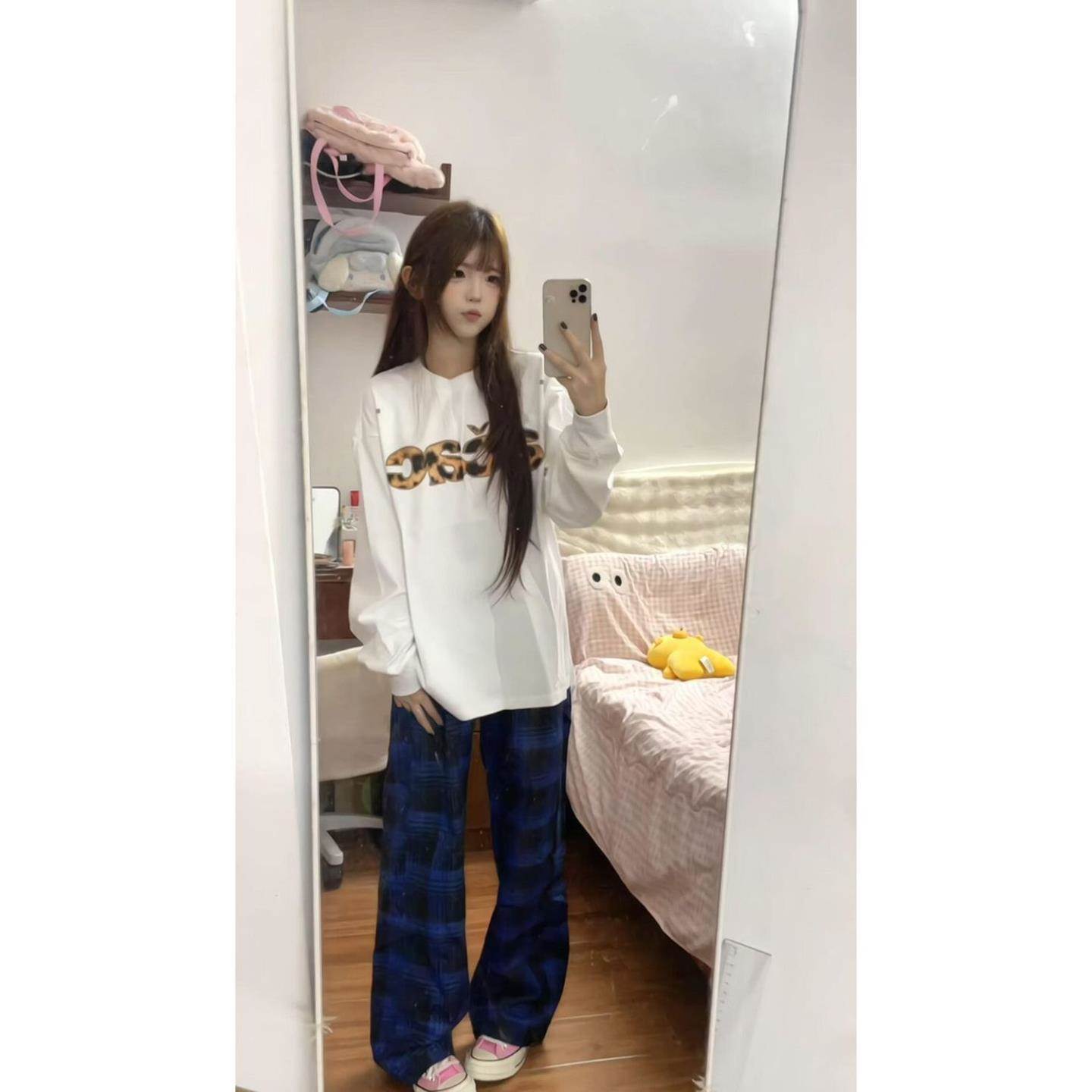 棉美式街头字母圆领长袖t恤女春春季打底衫宽松韩版上衣
