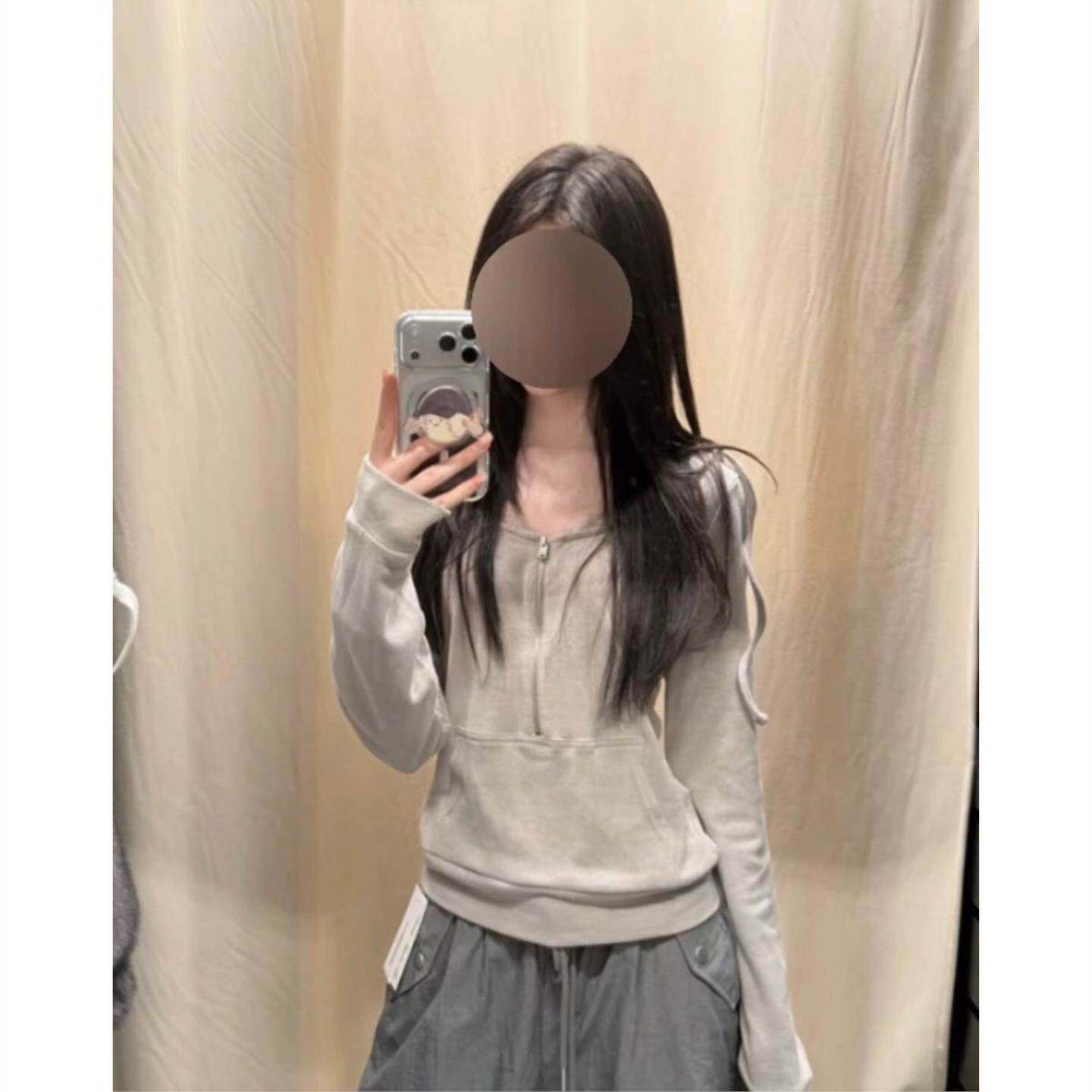 韩版潮牌正肩假两件连帽卫衣女款春秋季新款显瘦短款百搭拉链上衣