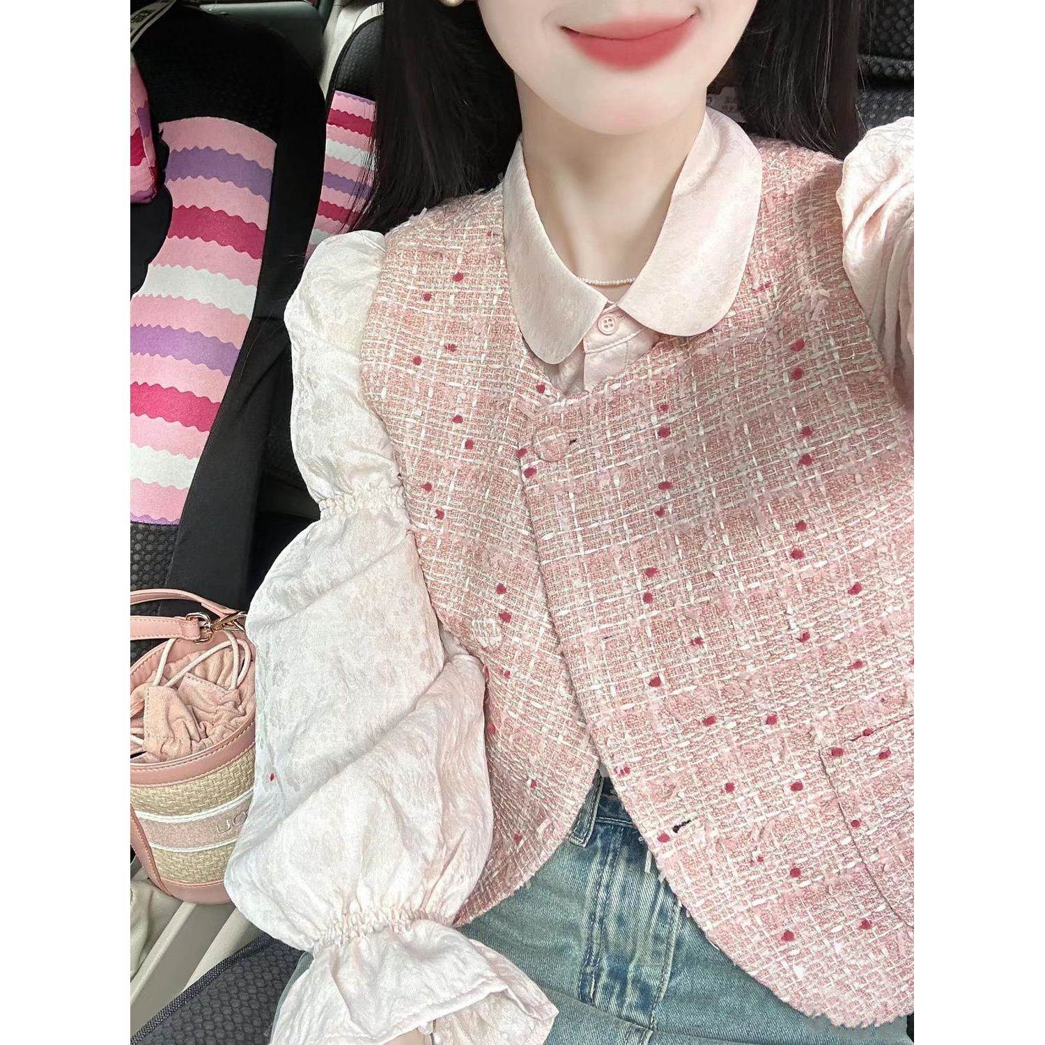 法式温柔系粉色套装女春季2026新款印花衬衫配小香风马甲三件套