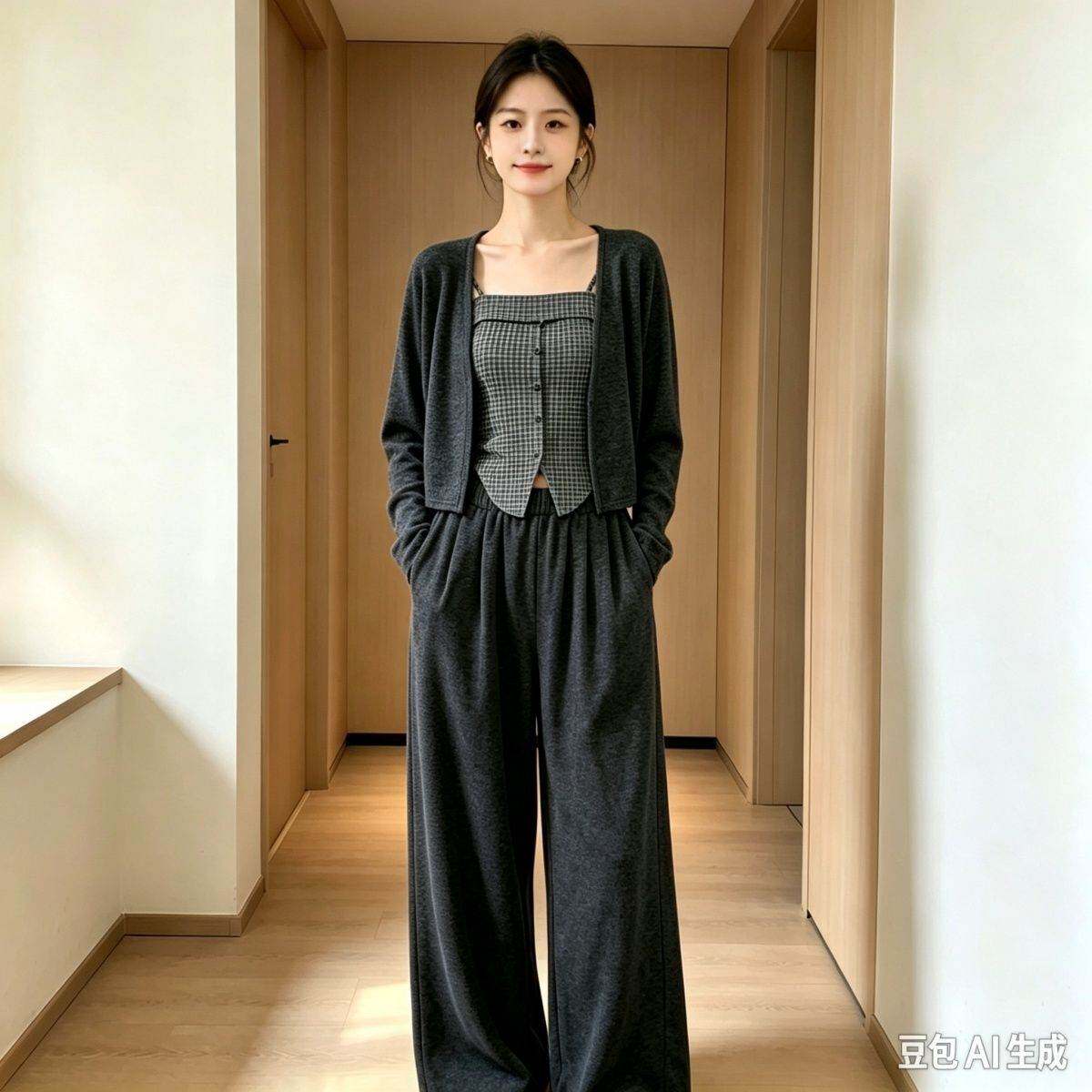 2026大码显瘦时尚套装约会穿搭春秋复古开衫外套格纹吊带高腰长裤