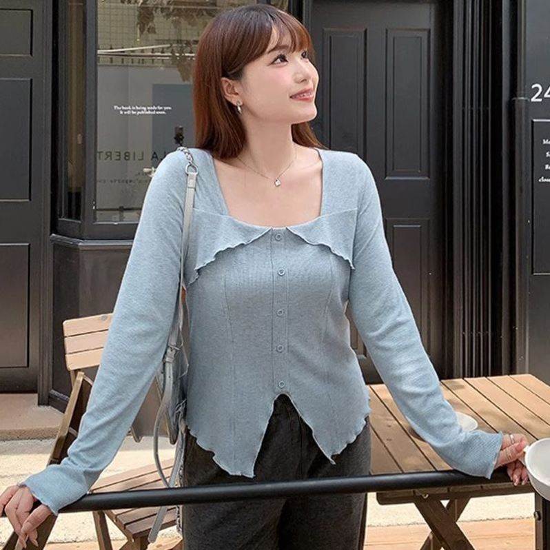 胖mm打底衫秋季T恤女甜美方领正肩淑女宽松显瘦遮肚大码上衣气质