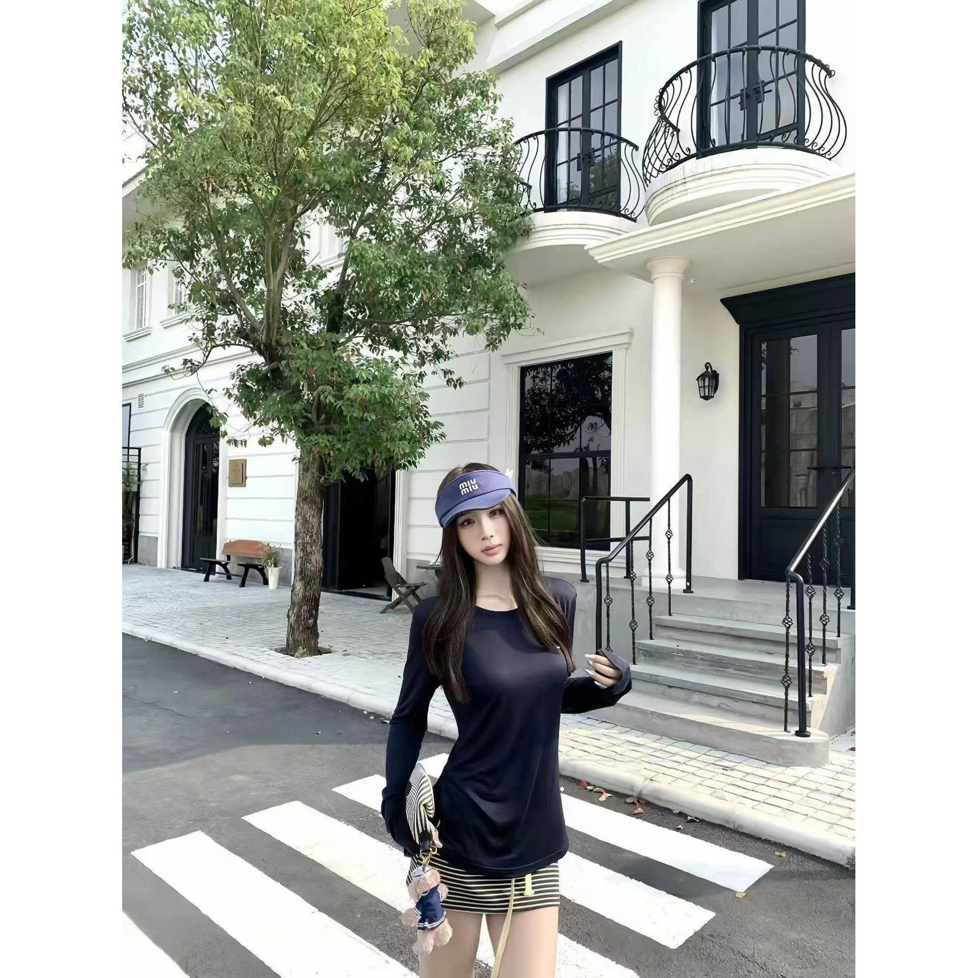 韩系藏青色褶皱收腰长袖T恤条纹半身短裙套装早秋显瘦休闲两件套