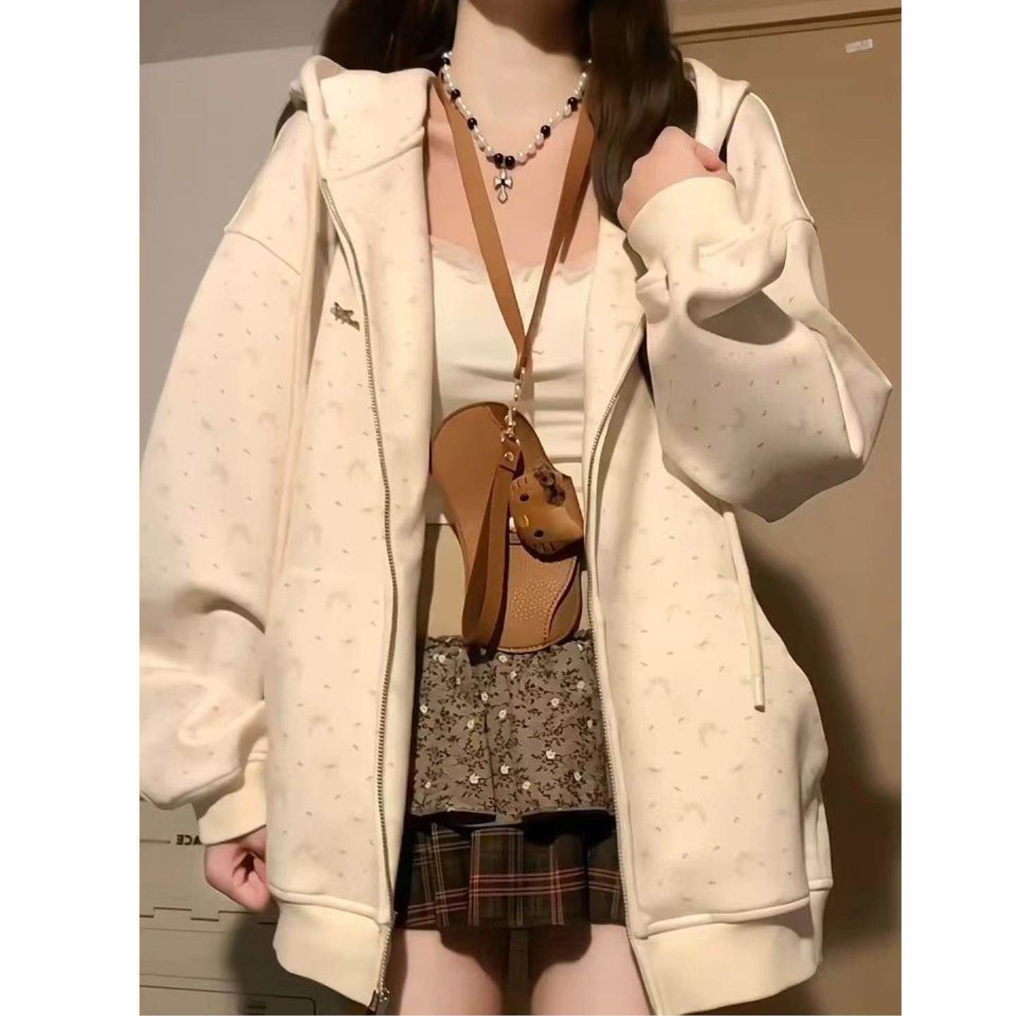 ZHIBAOBI韩系chic蝴蝶结碎花连帽开衫卫衣女加绒加厚宽松拉链外套