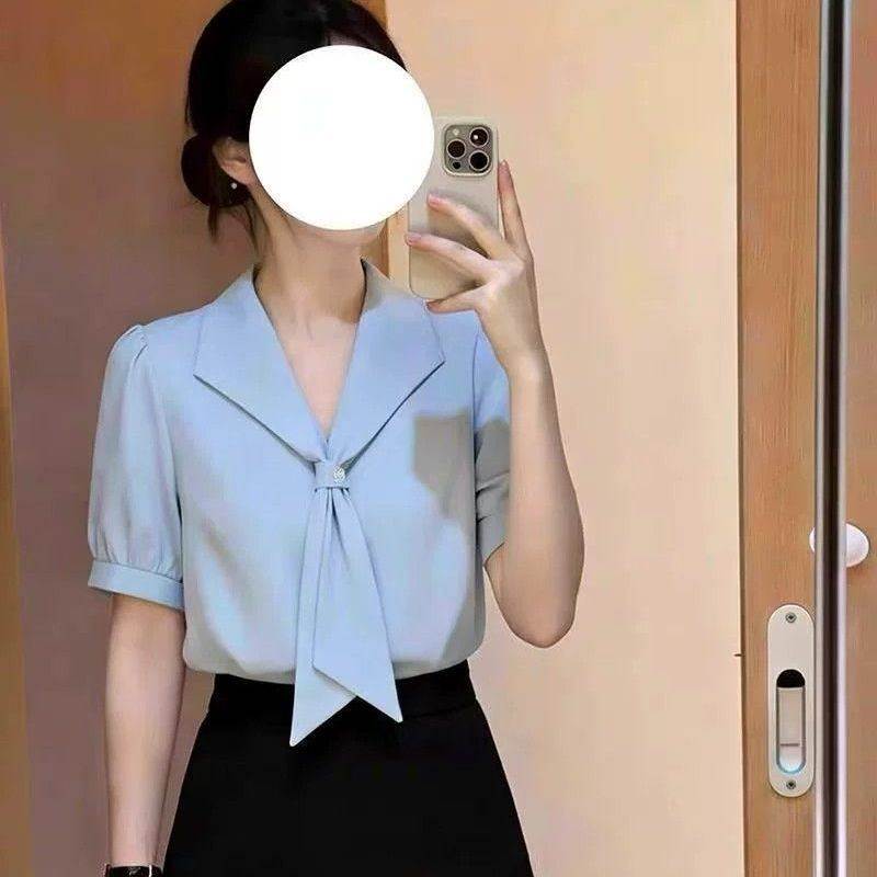蓝色雪纺衬衫女夏季通勤职场面试正装教资泡泡袖v领系带垂感衬衣