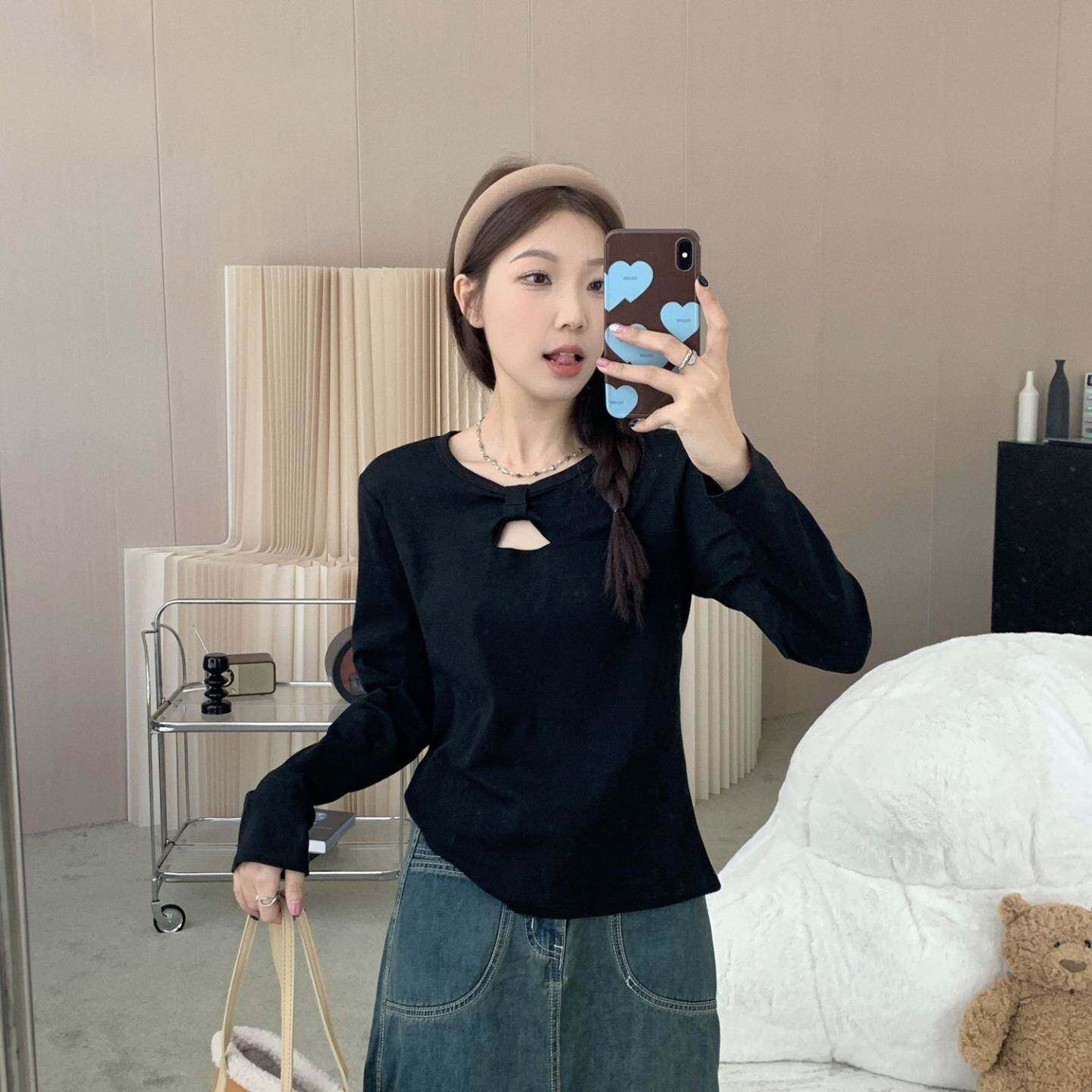 设计感小心机镂空扭结长袖T恤女2026早秋新款洋气大码显瘦打底衫