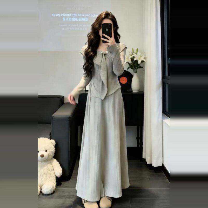 韩系巨好看穿搭一整套2026新款灰色针织连衣裙女春夏长裙两件套装