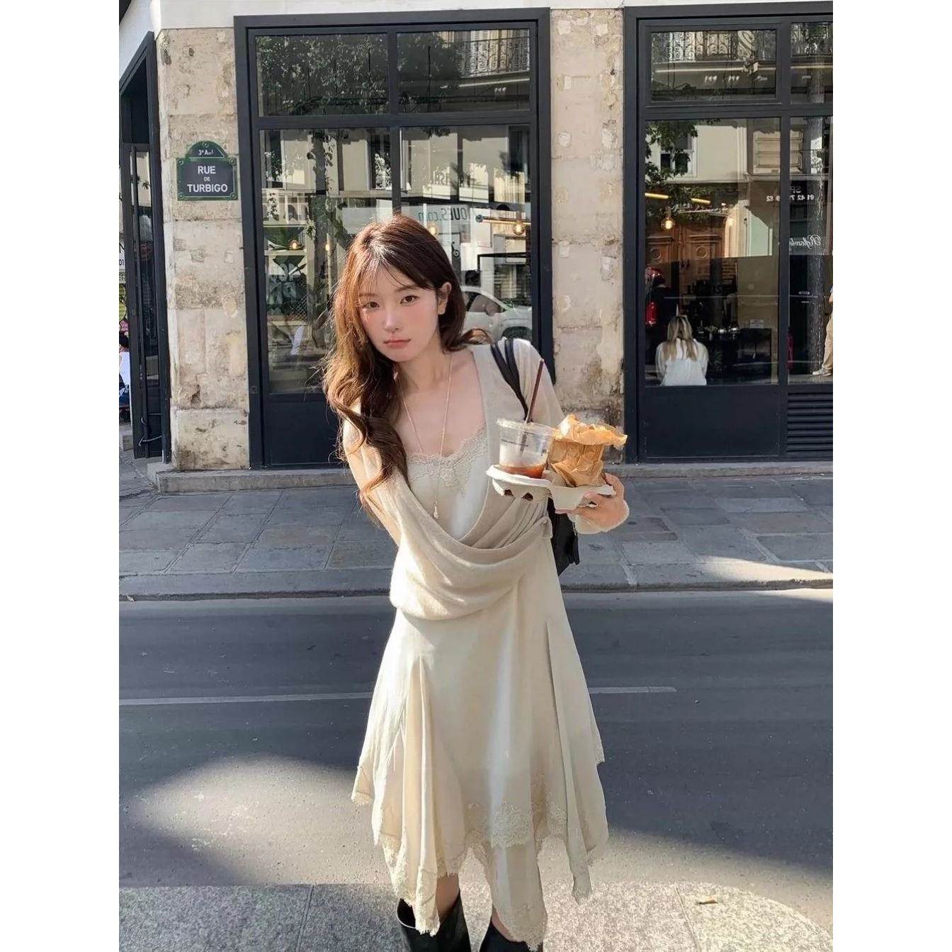 韩系休闲套装女2026春秋不规则蕾丝背心吊带裙毛衣针织开衫一整套