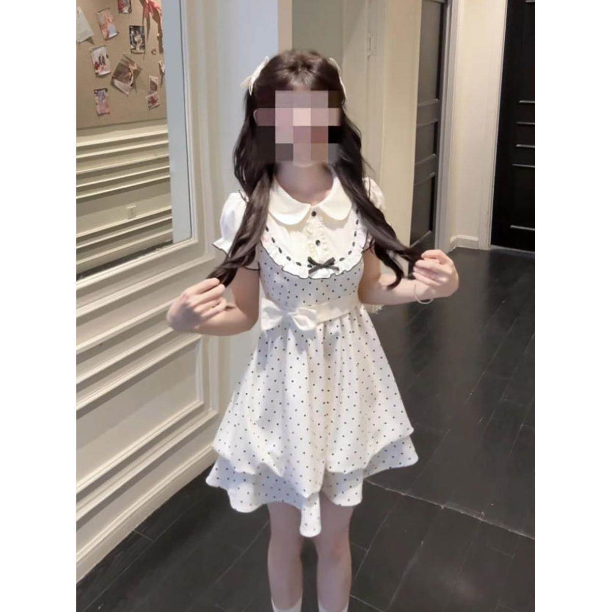 甜美学院风波点娃娃领连衣裙女夏新款小个子可爱减龄显瘦花苞短裙