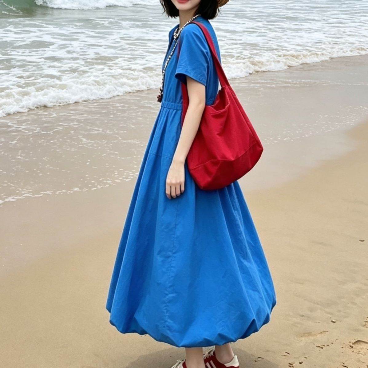 蓝色花苞长裙2026夏季新款短袖宽松甜美休闲收腰显瘦裙子连衣裙