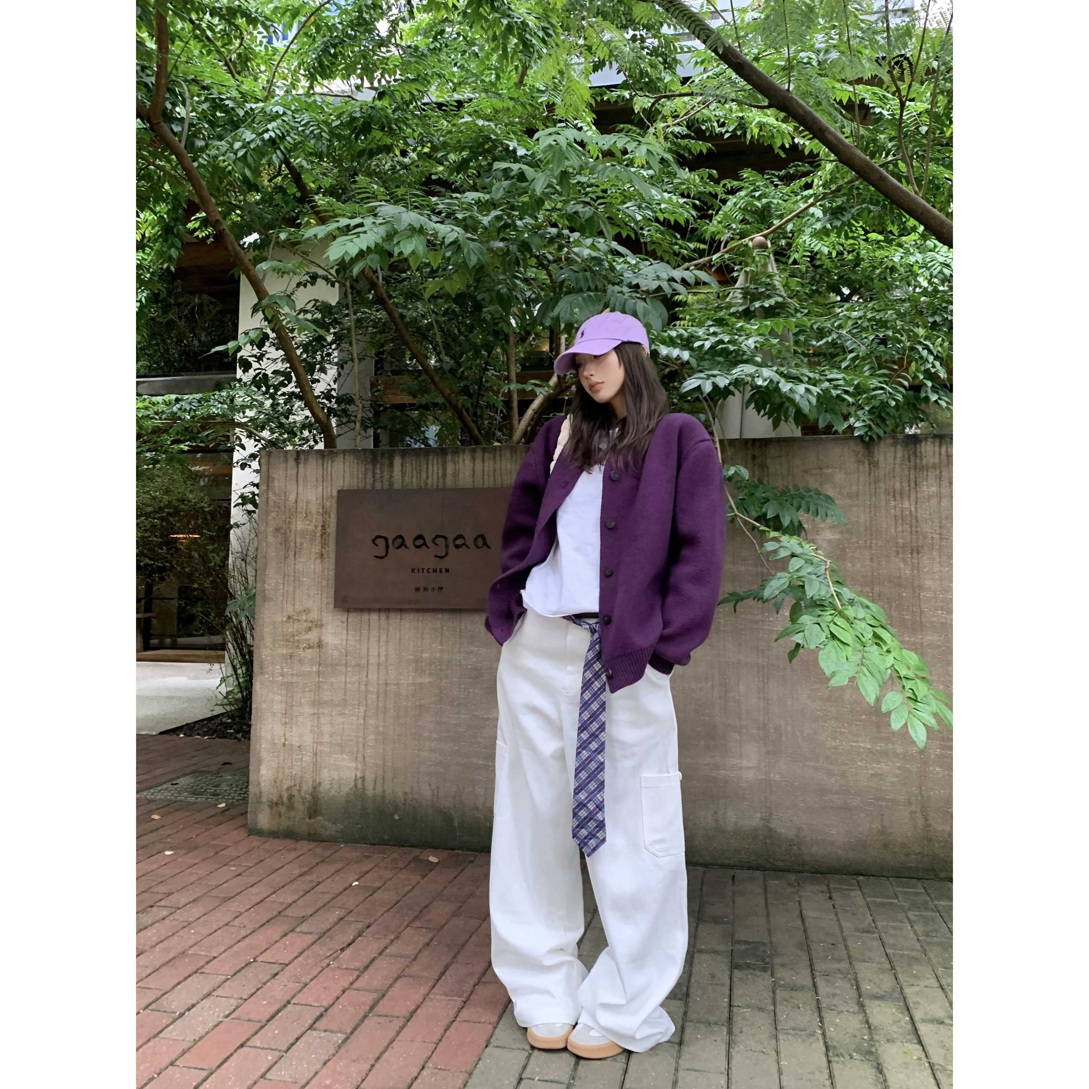 韩系慵懒风紫色针织开衫毛衣外套女秋冬装新款软糯高级感上衣