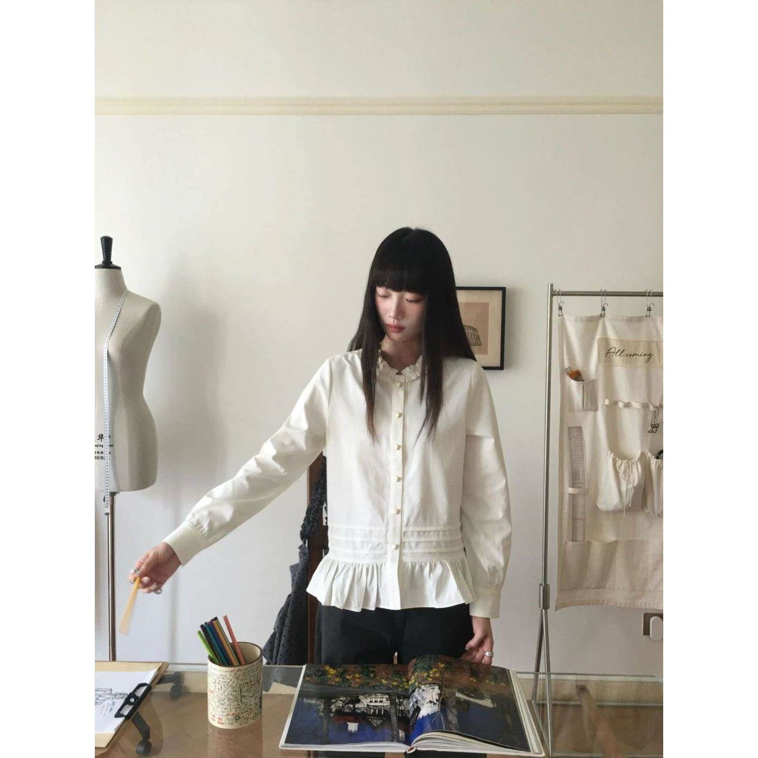 日系甜美木耳边圆领衬衫女长袖学院风可盐可甜减龄宽松百搭上衣潮
