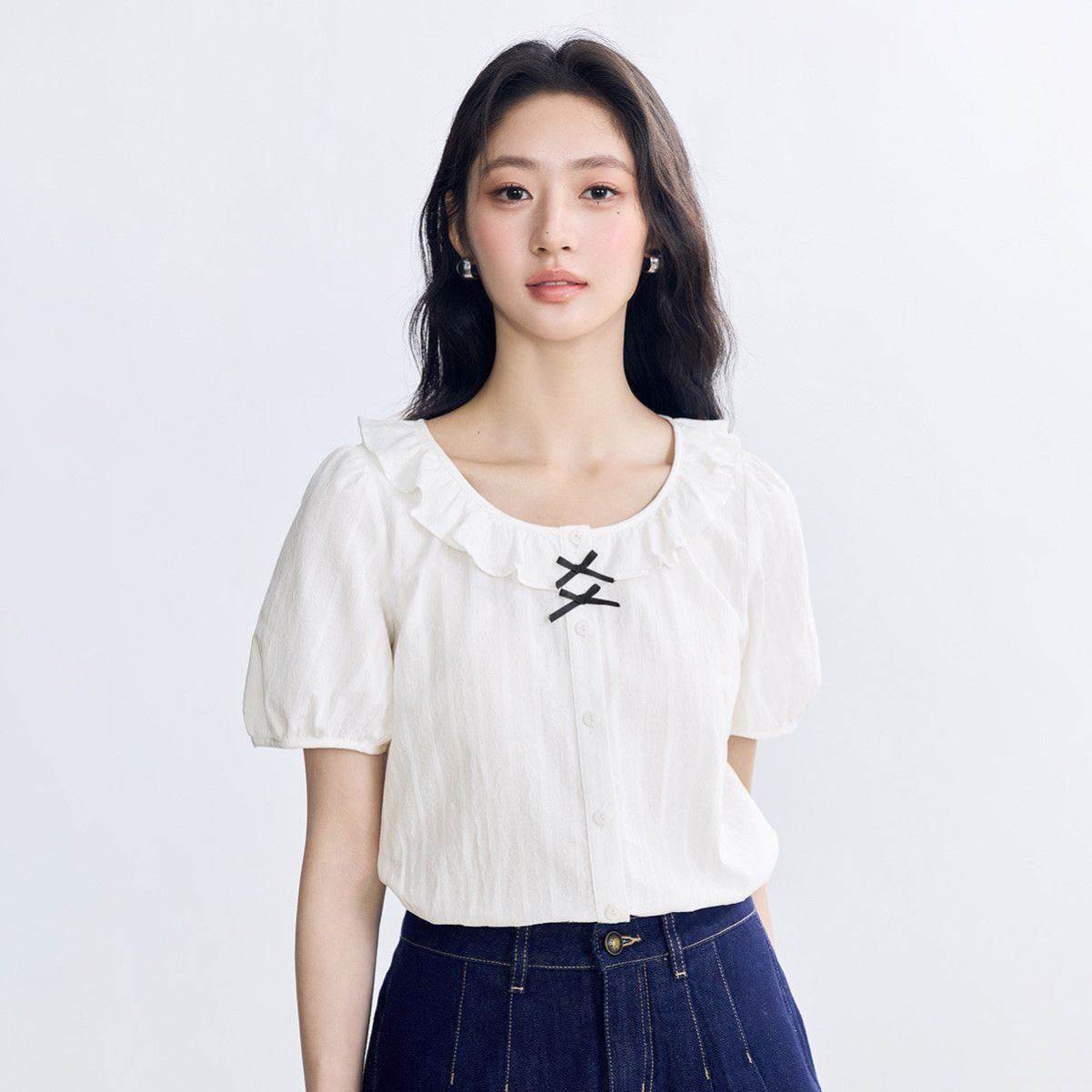 棉法式荷叶边圆领短袖白衬衫2026夏季气质百搭蝴蝶结衬衣女
