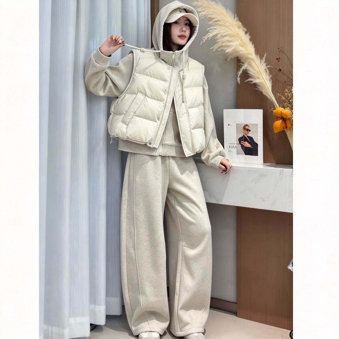 休闲套装女2026春夏新款时尚洋气减龄显瘦棉马甲百搭阔腿裤三件套