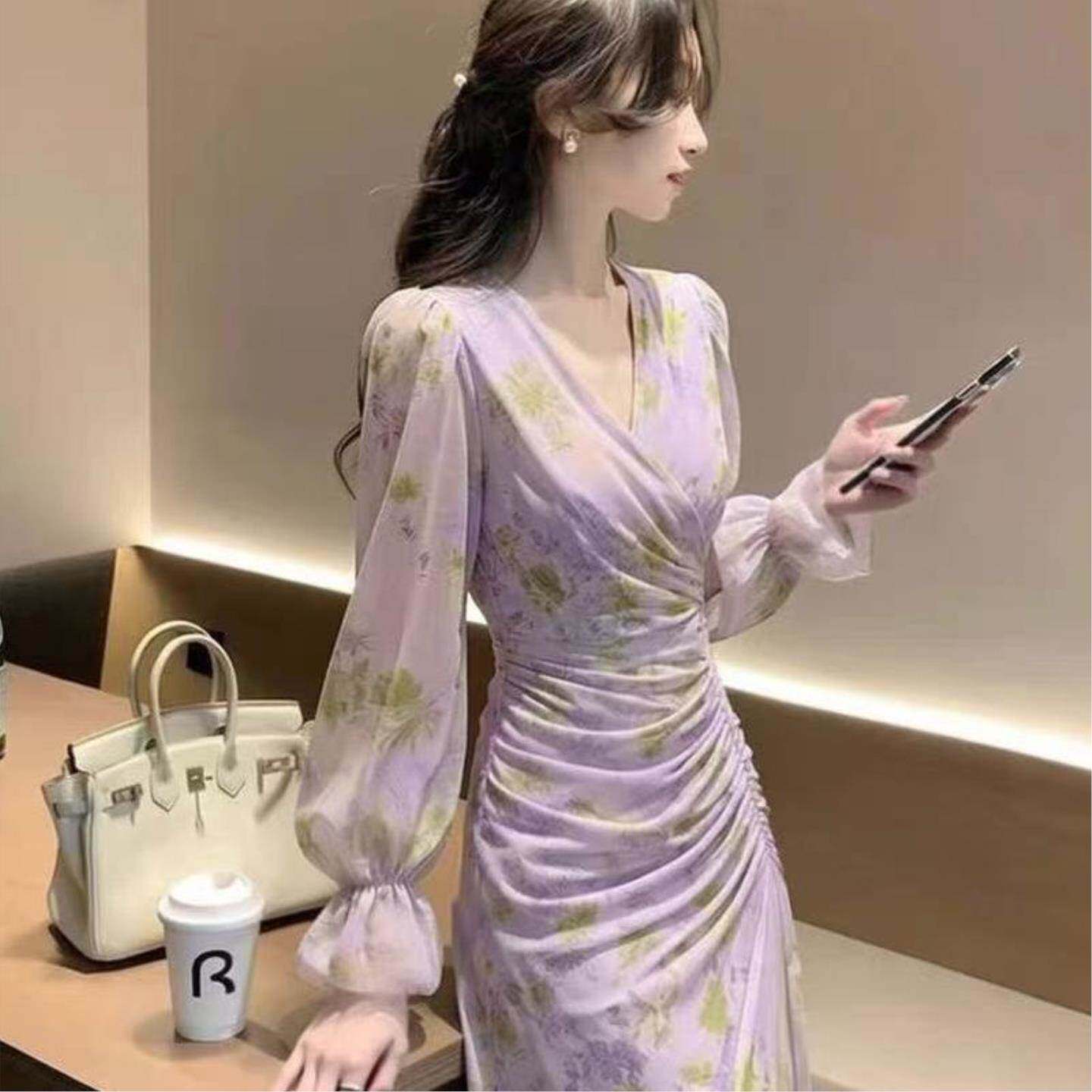 紫色碎花连衣裙女春轻奢高级感大方得体气质减龄绝美巨好看长裙子