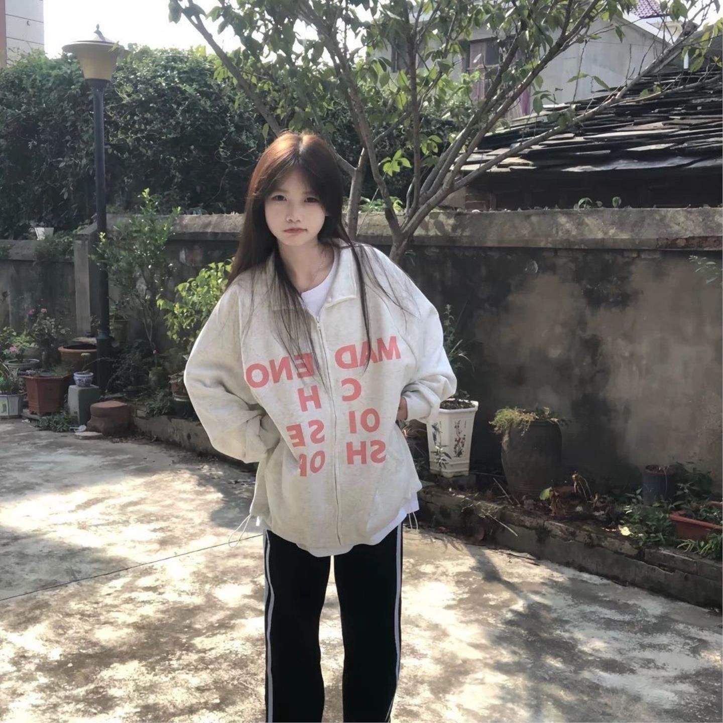 美式复古字母印花开衫外套女春夏加绒新款宽松卫衣上衣