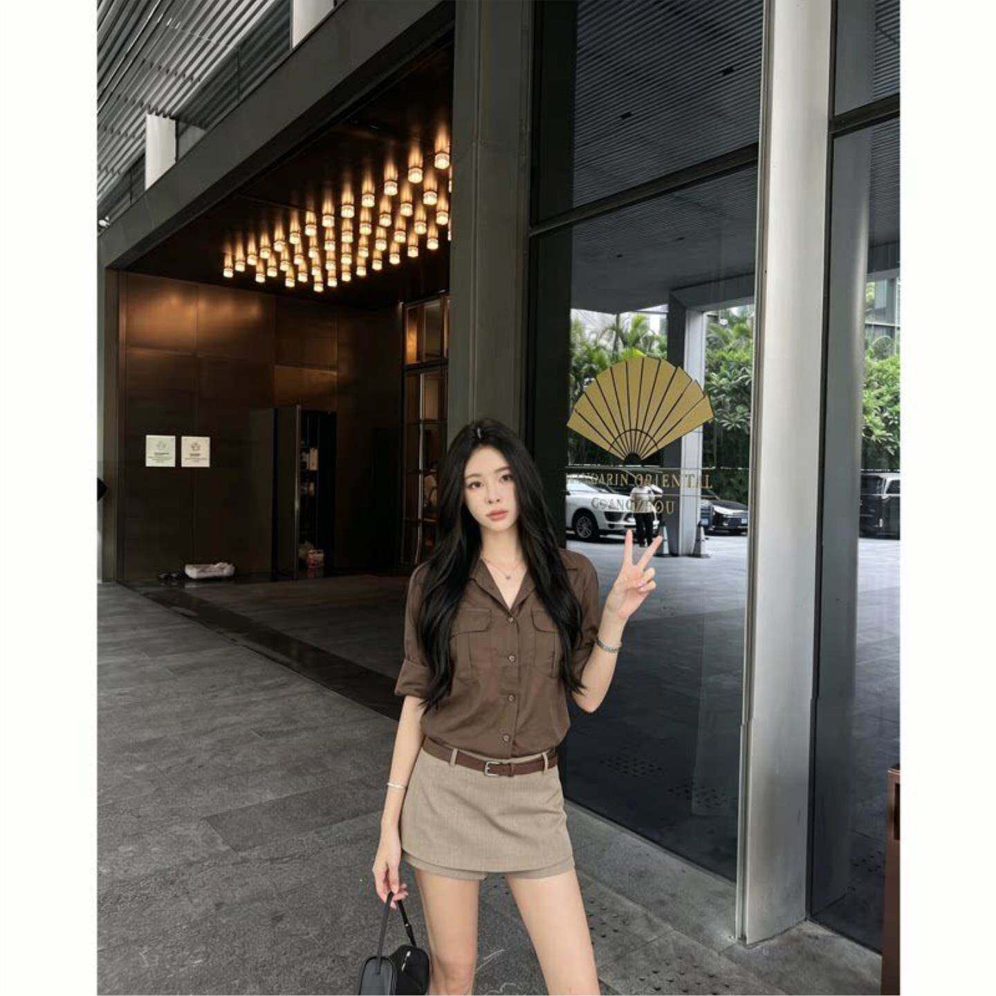 韩系松弛感套装翻领工装风棕色衬衫高腰卡其假两件裙裤显瘦两件套