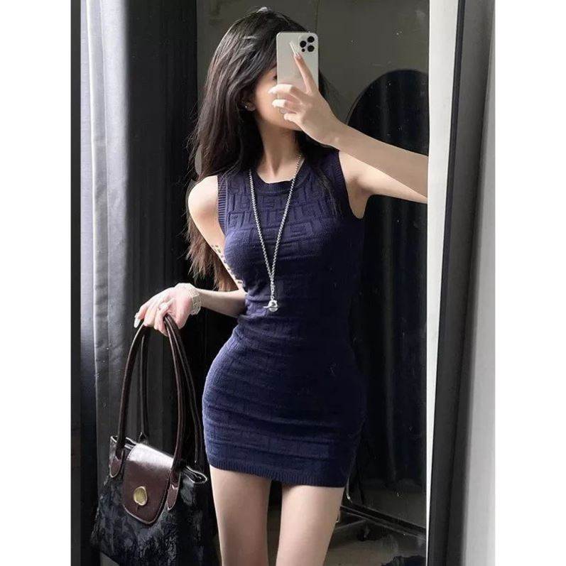 性感御姐纯欲辣妹背心包臀裙女夏深蓝色修身显身材针织连衣短裙子