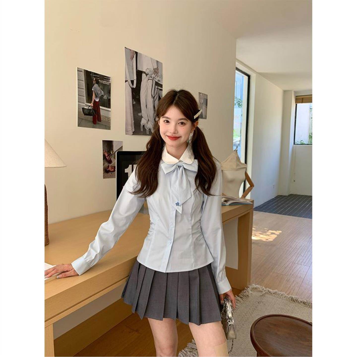 蝴蝶结韩系新款学院衬衫长袖蓝色甜美系带显瘦制服收腰上衣衬衣
