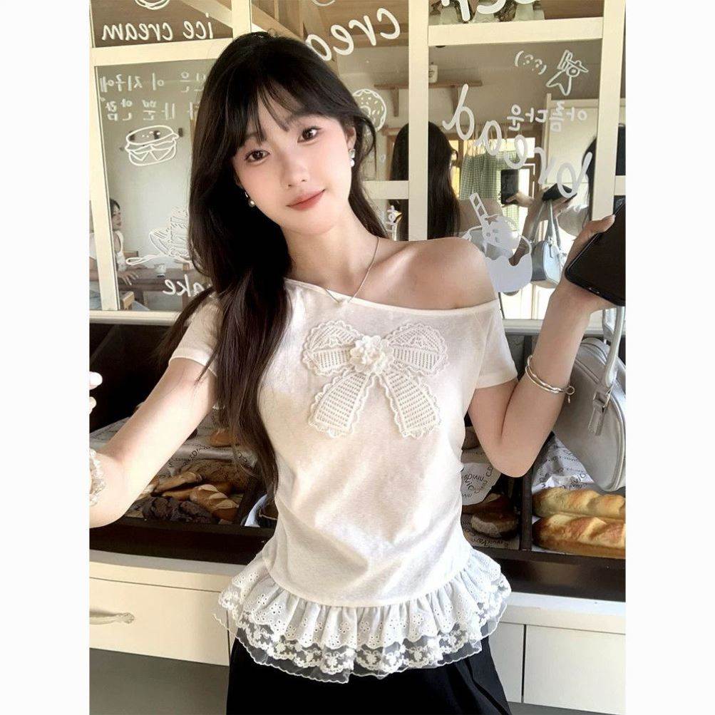 芭蕾风斜领露肩蕾丝拼接蝴蝶结短袖T恤女夏纯欲风短款上衣