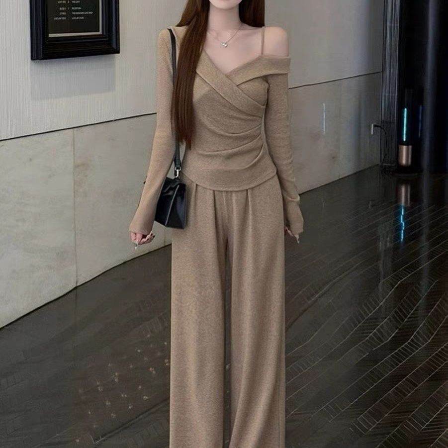 巨好看的春夏一整套韩系纯欲风女温柔气质露肩长袖上衣阔腿裤套装