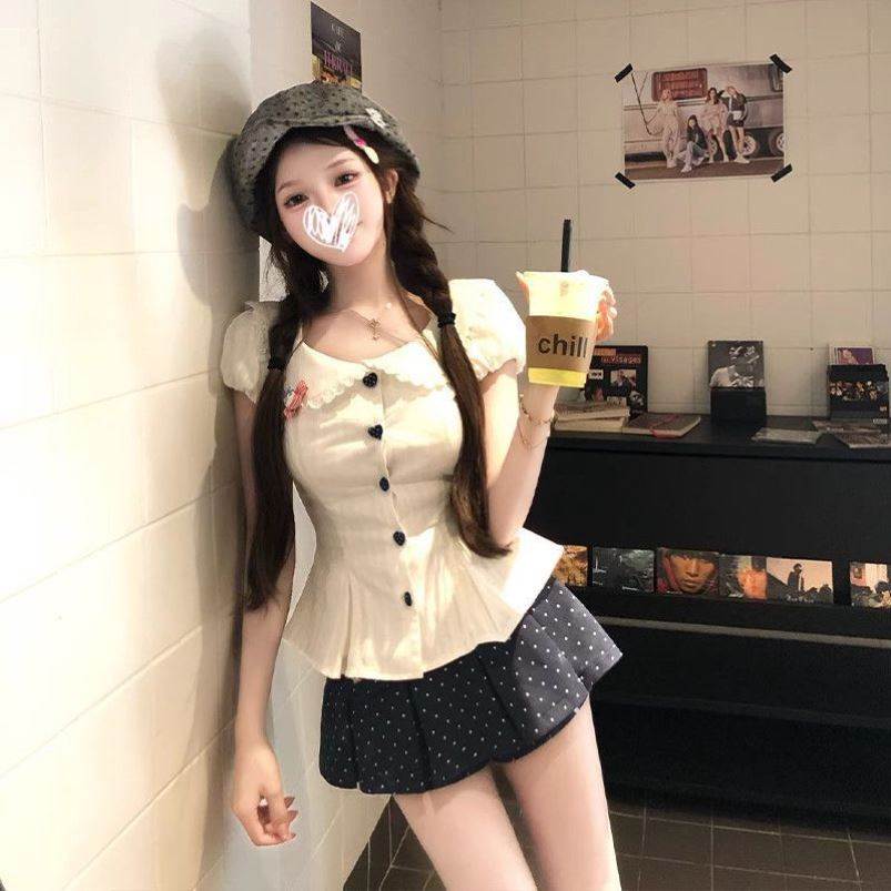 辣妹套装女学院风收腰显瘦衬衫上衣小个子辣妹波点百褶短裙两件套