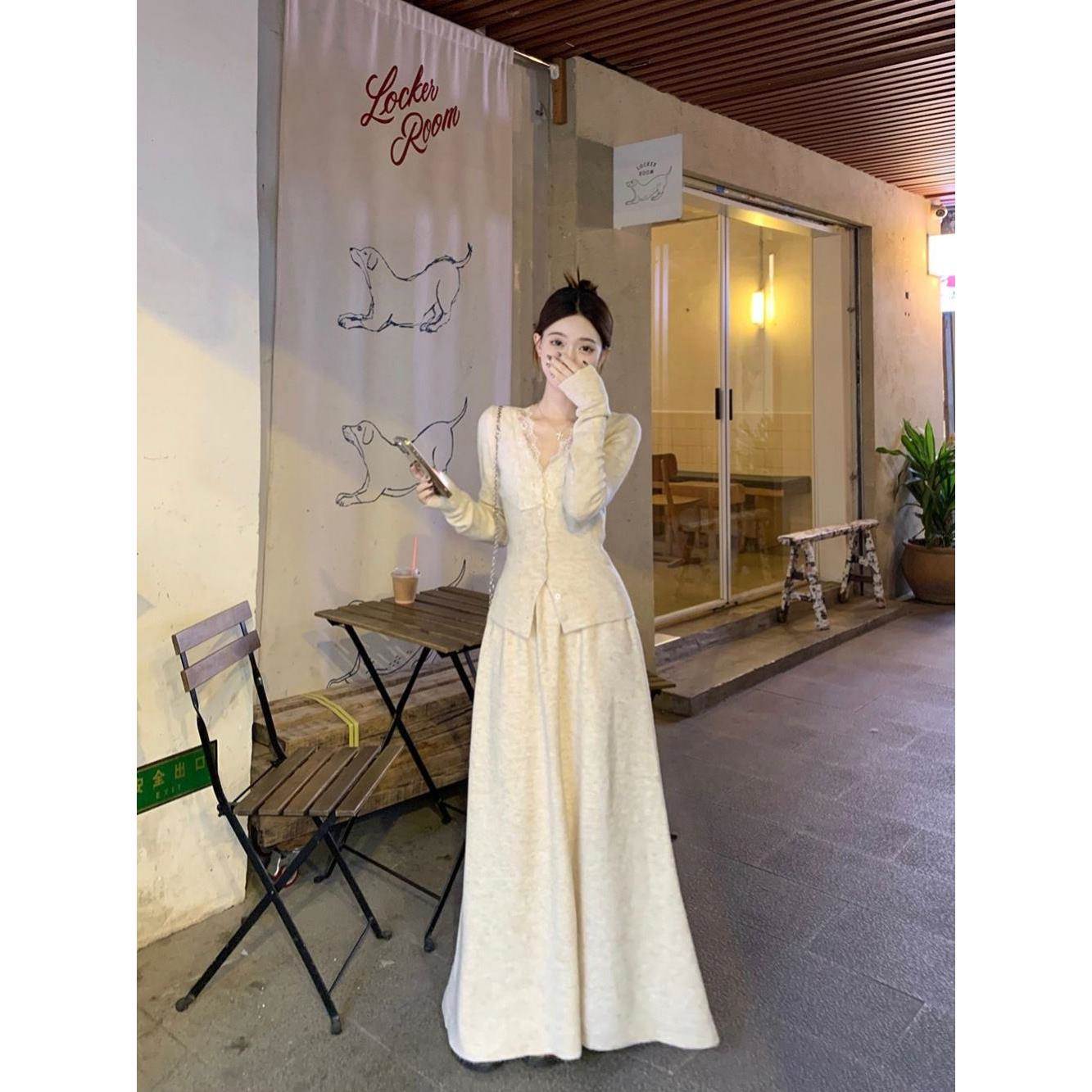 法式温柔蕾丝针织半身裙两件套女春夏新款修身内搭打底裙毛衣套装