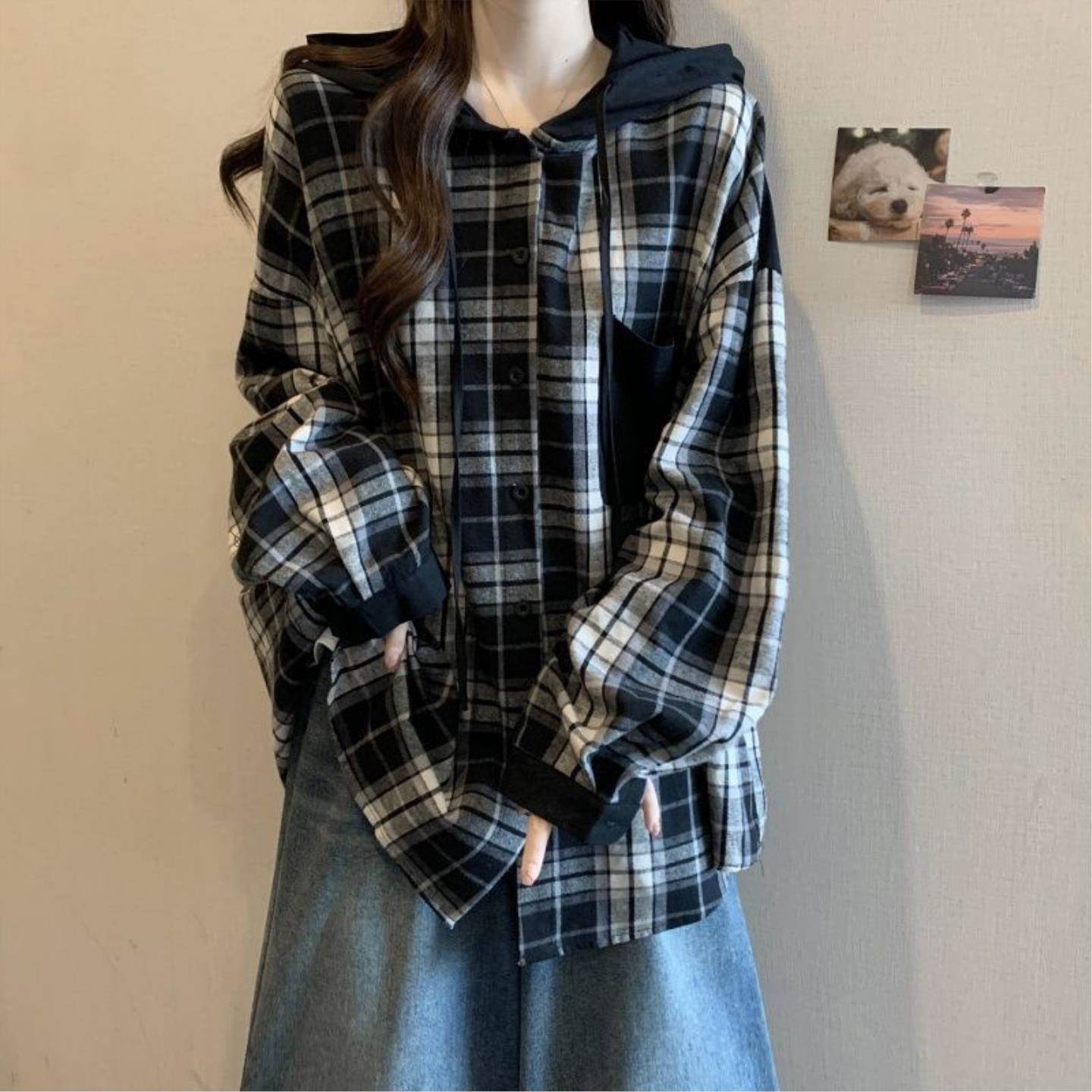 高级感格子休闲连帽衬衫女2026秋季穿搭衬衣宽松韩系显瘦外套上衣