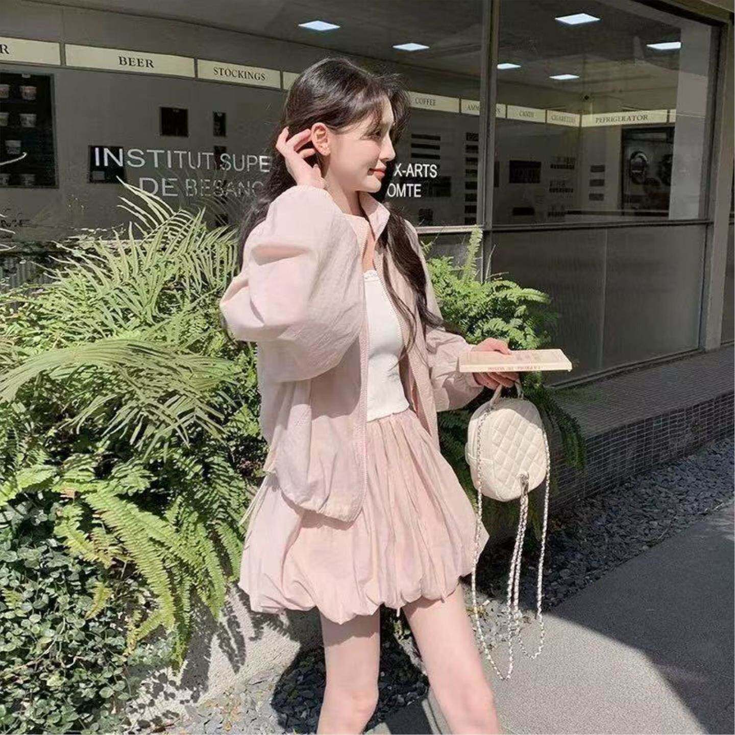 韩系气质短裙两件套女宽松上衣搭配高腰短裙通勤出游百搭套装