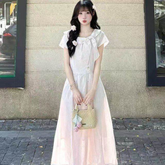 2026夏季新款甜美蝴蝶结学院风漂亮独特初恋粉色条纹长款连衣裙
