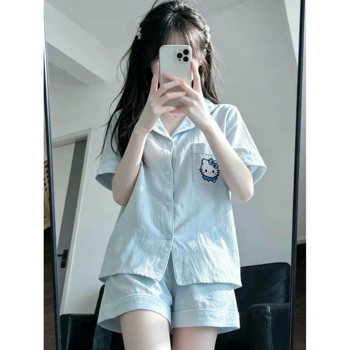 天蓝卡通 kitty 猫睡衣女夏天短袖柔软亲肤甜美舒适治愈系家居服