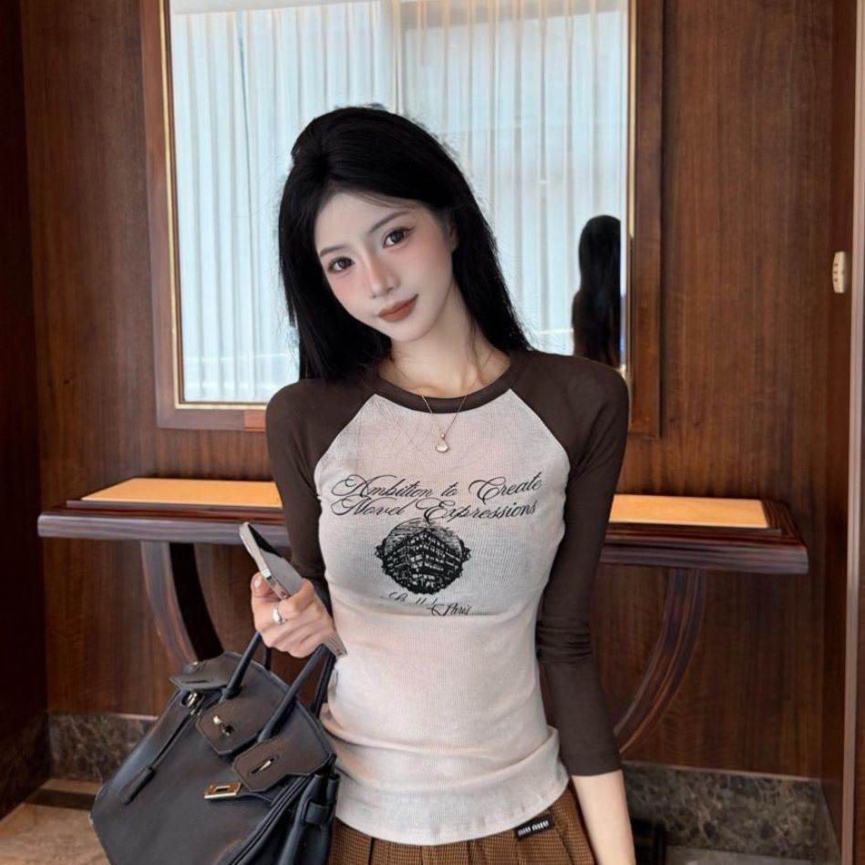 修身显瘦插肩袖长袖t恤女春秋打底衫