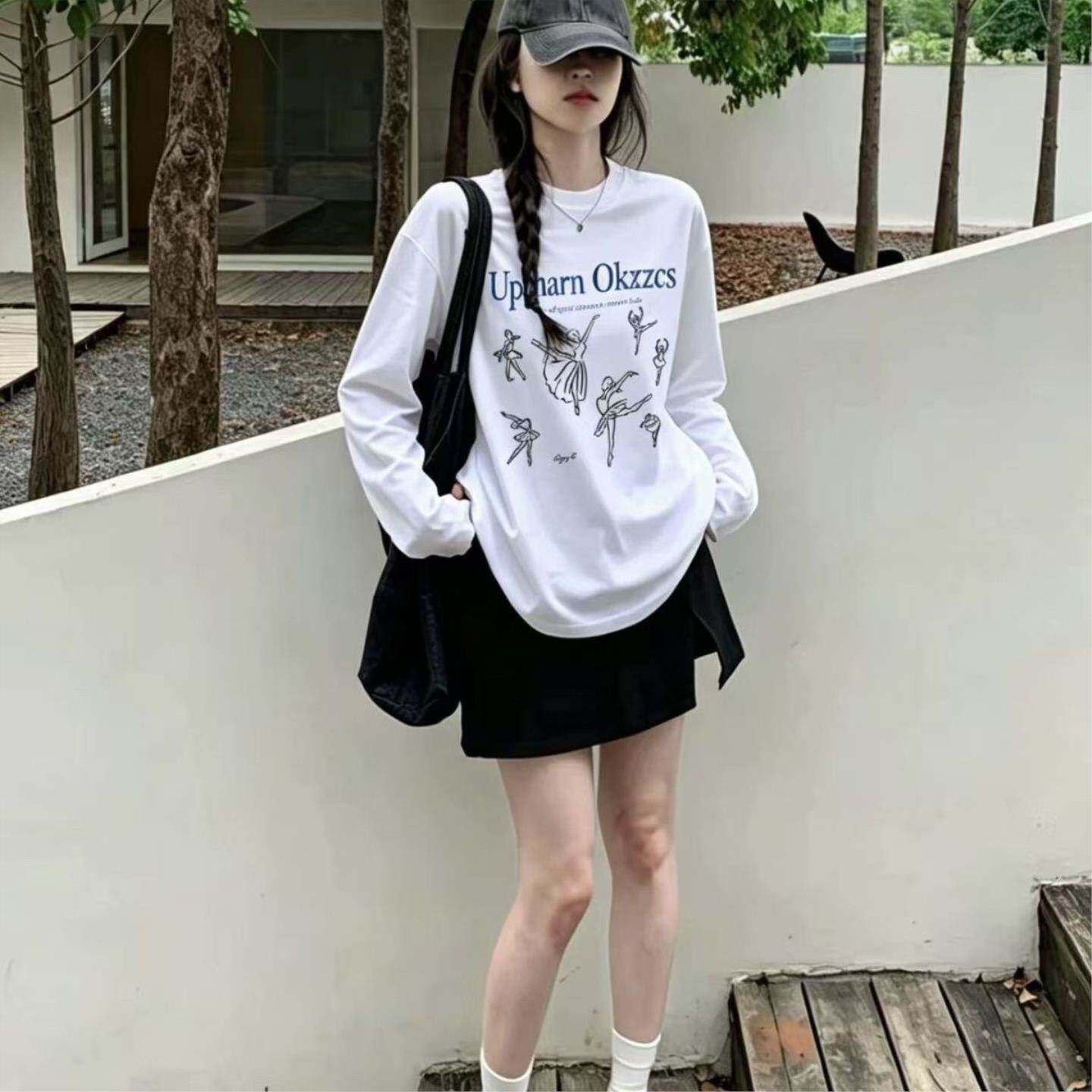白色内搭长袖t恤女早秋薄款宽松大码打底韩系慵懒松弛感上衣
