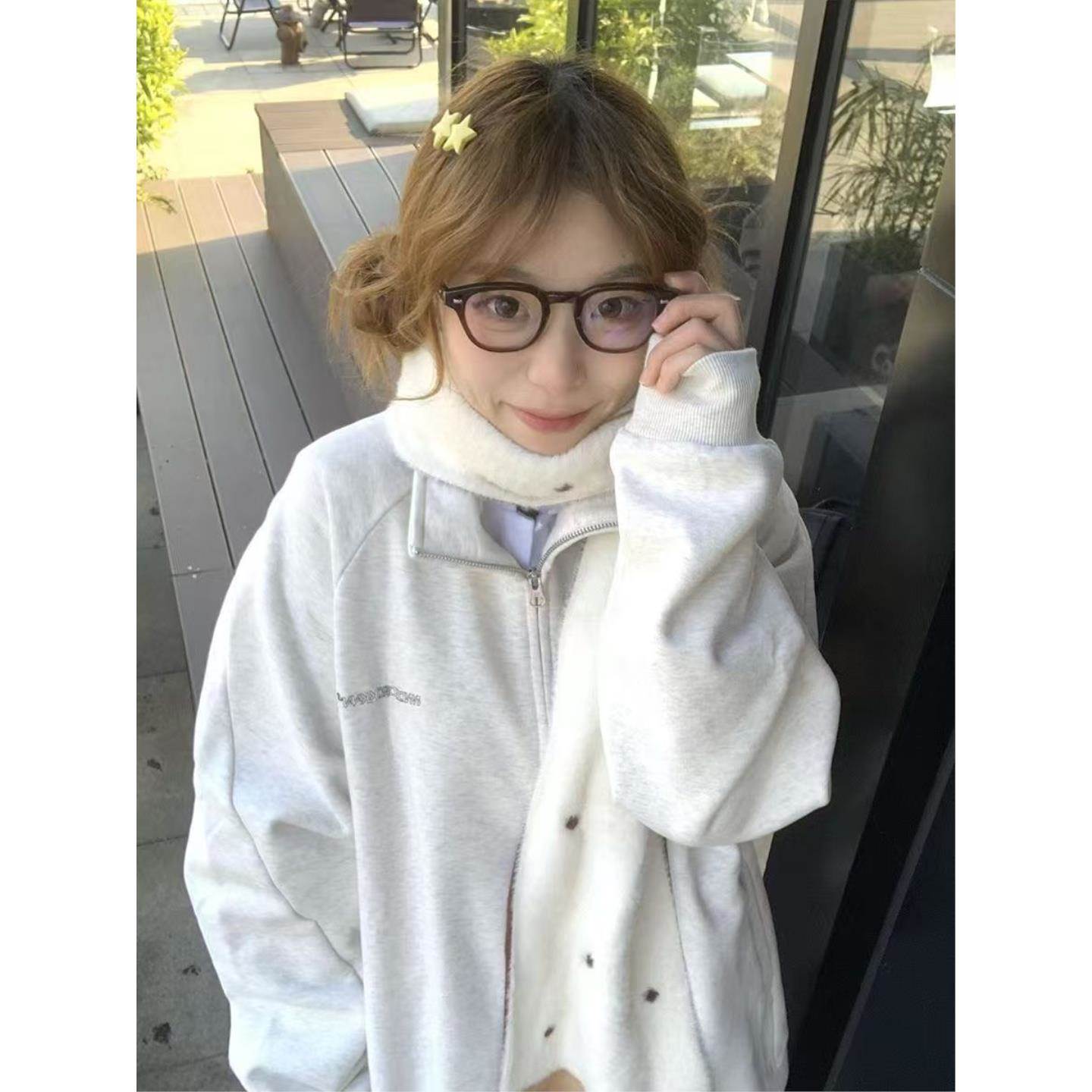 美式复古慵懒翻领外套女棒球卫衣宽松春季新款开衫夹克上衣百搭