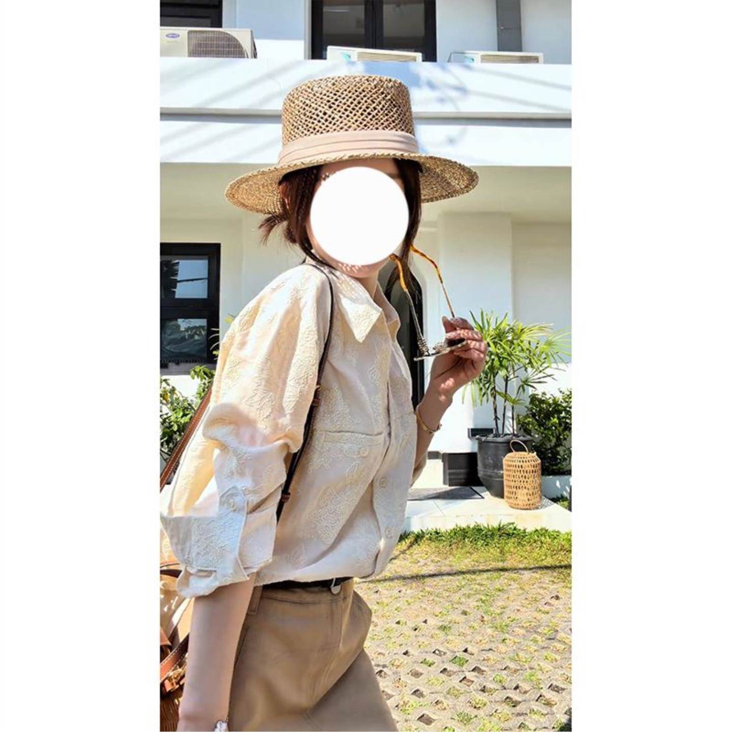 刺绣提花设计翻领宽松衬衫卡其色半身裙套装女度假休闲百搭两件套