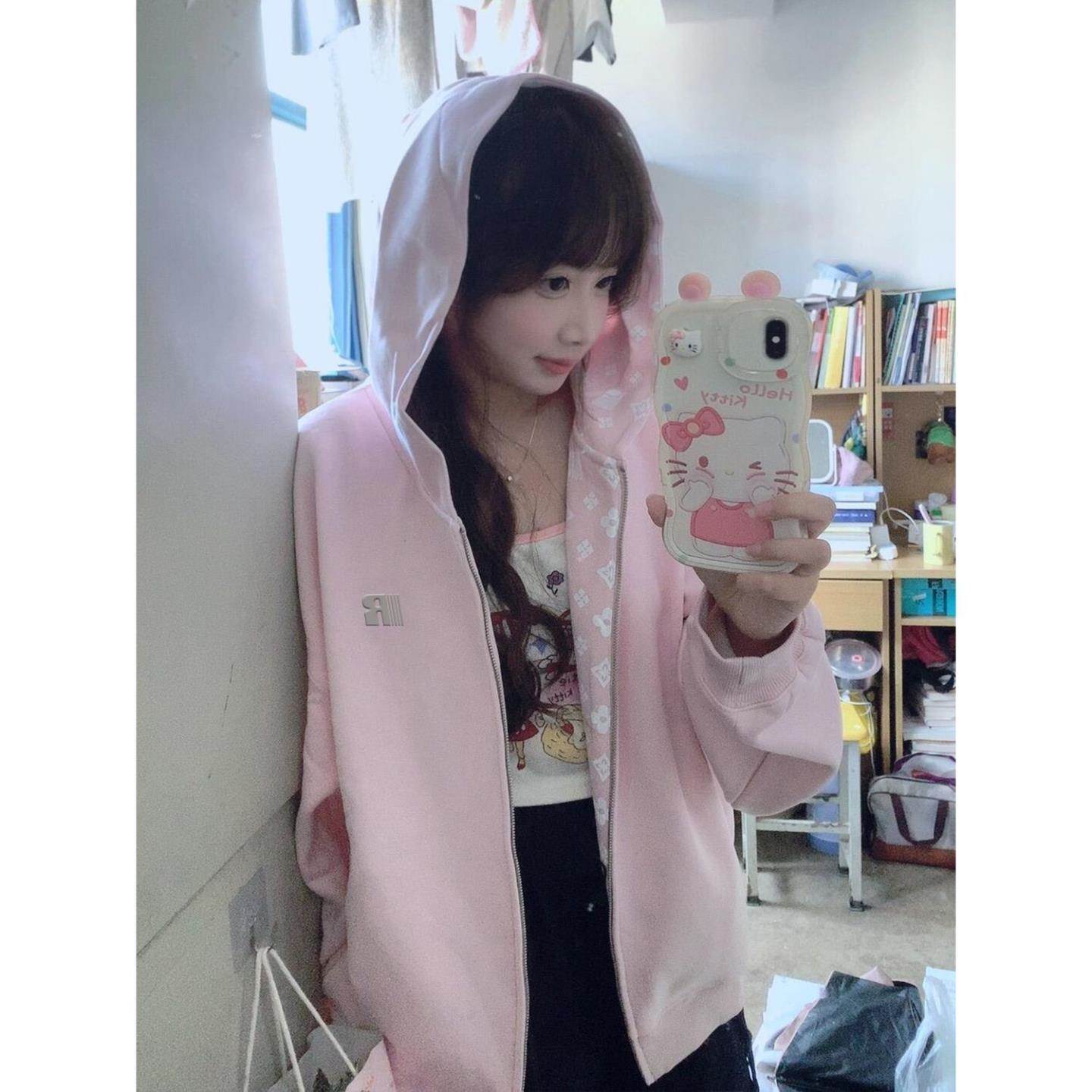 秋春季中性风百搭连帽卫衣女宽松显瘦加绒加厚拉链开衫外套ins
