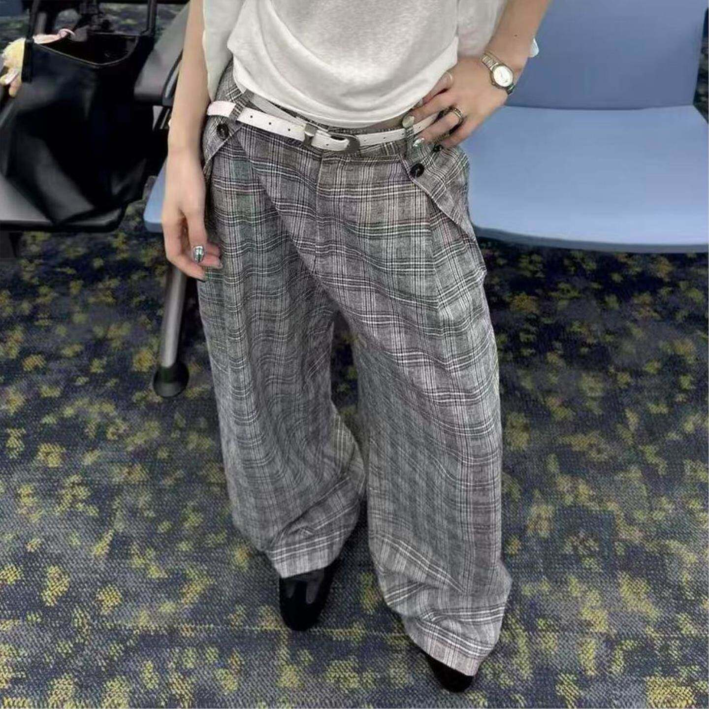 美式格纹打褶休闲字阔腿西裤牛角扣休闲裤长裤