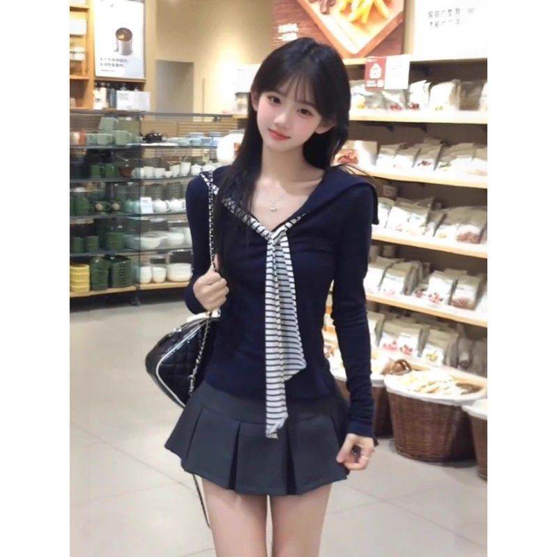 大码胖MM韩系新款长袖撞色条纹海军领T恤春夏时尚打底显瘦上衣女