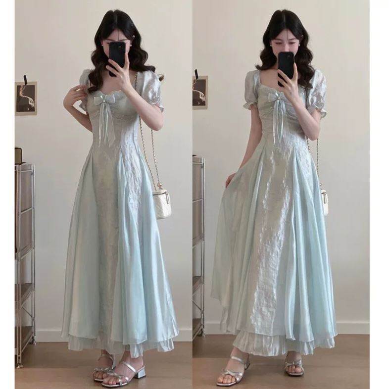 大码少女仙气拼接网纱方领连衣裙女夏季胖mm高级感显瘦收腰长裙子